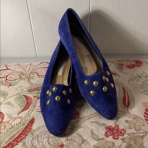 Vintage Cara Leigh Elegant Women's Royal Blue Loafers with Gold Studs